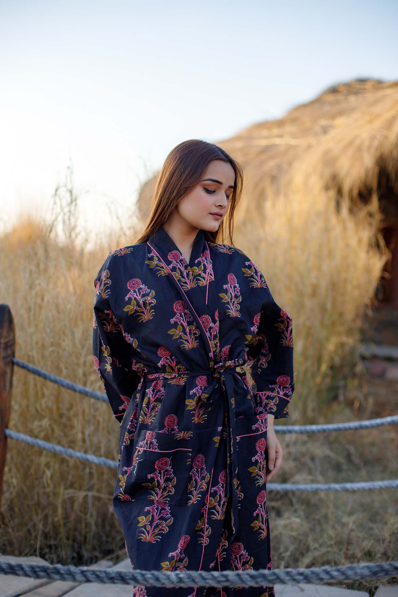 Royal Midnight Floral Hand Block Printed Cotton Kimono Lounge Robe