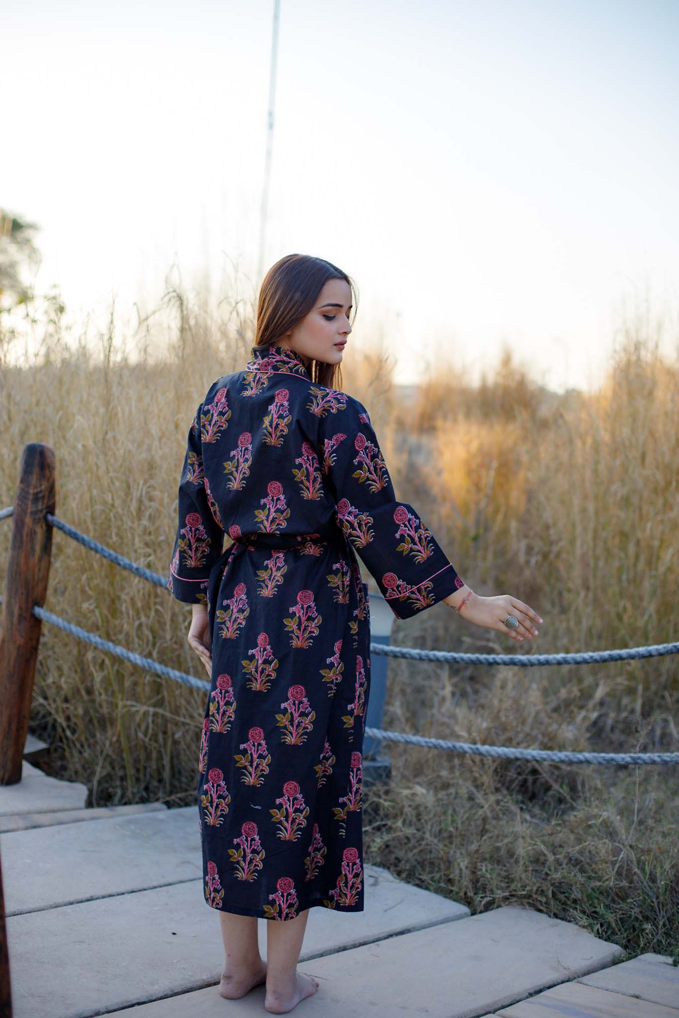 Royal Midnight Floral Hand Block Printed Cotton Kimono Lounge Robe