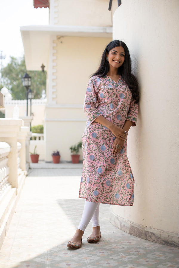 Pink Blue Floral Jaal Cotton Kurti by Tthappa Chapai