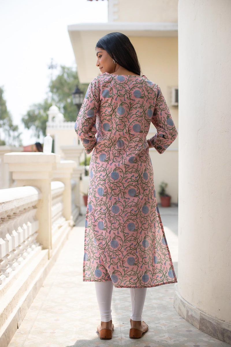 Pink Blue Floral Jaal Cotton Kurti by Tthappa Chapai 1