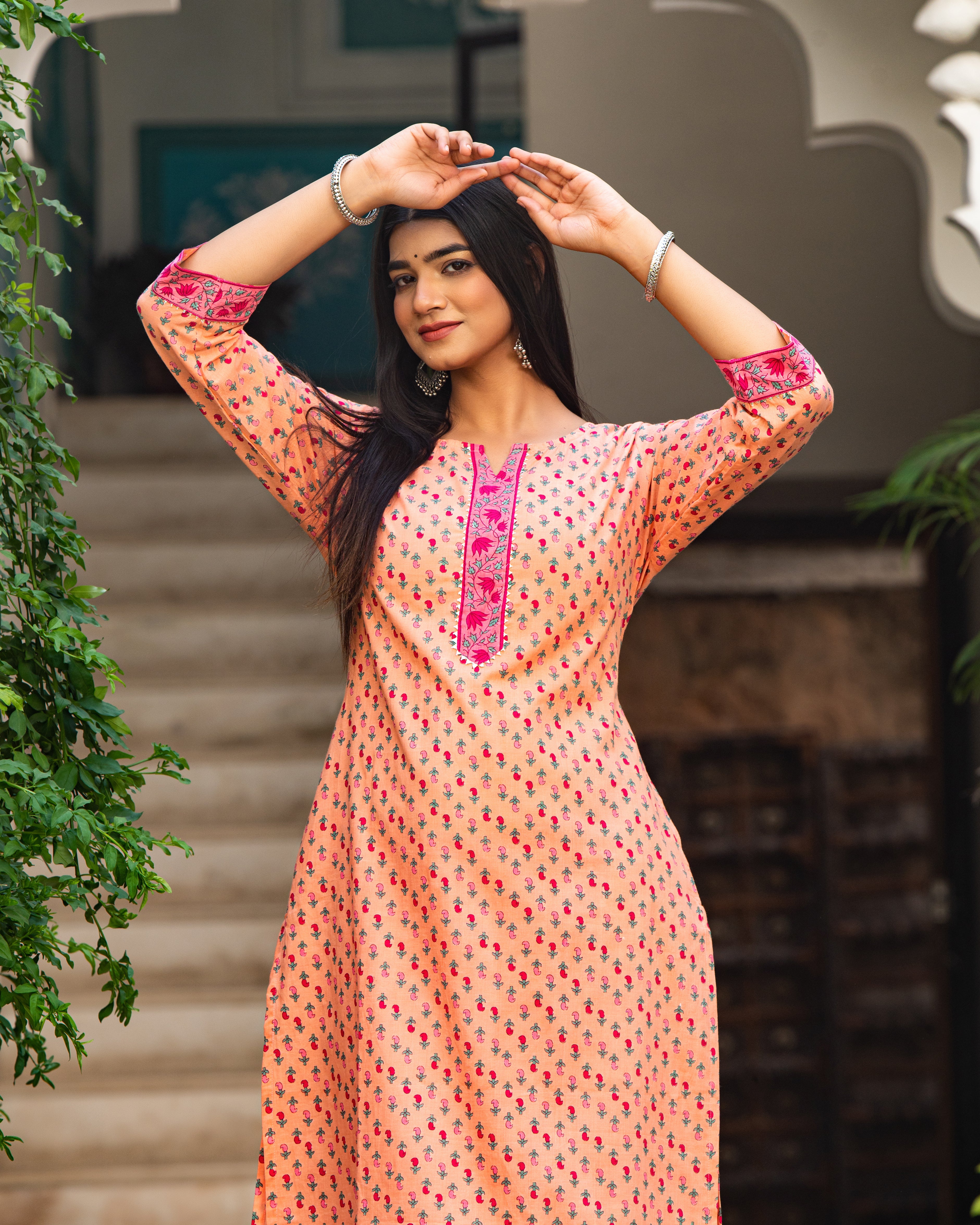 Cotton Women Orange  Printed Kurta