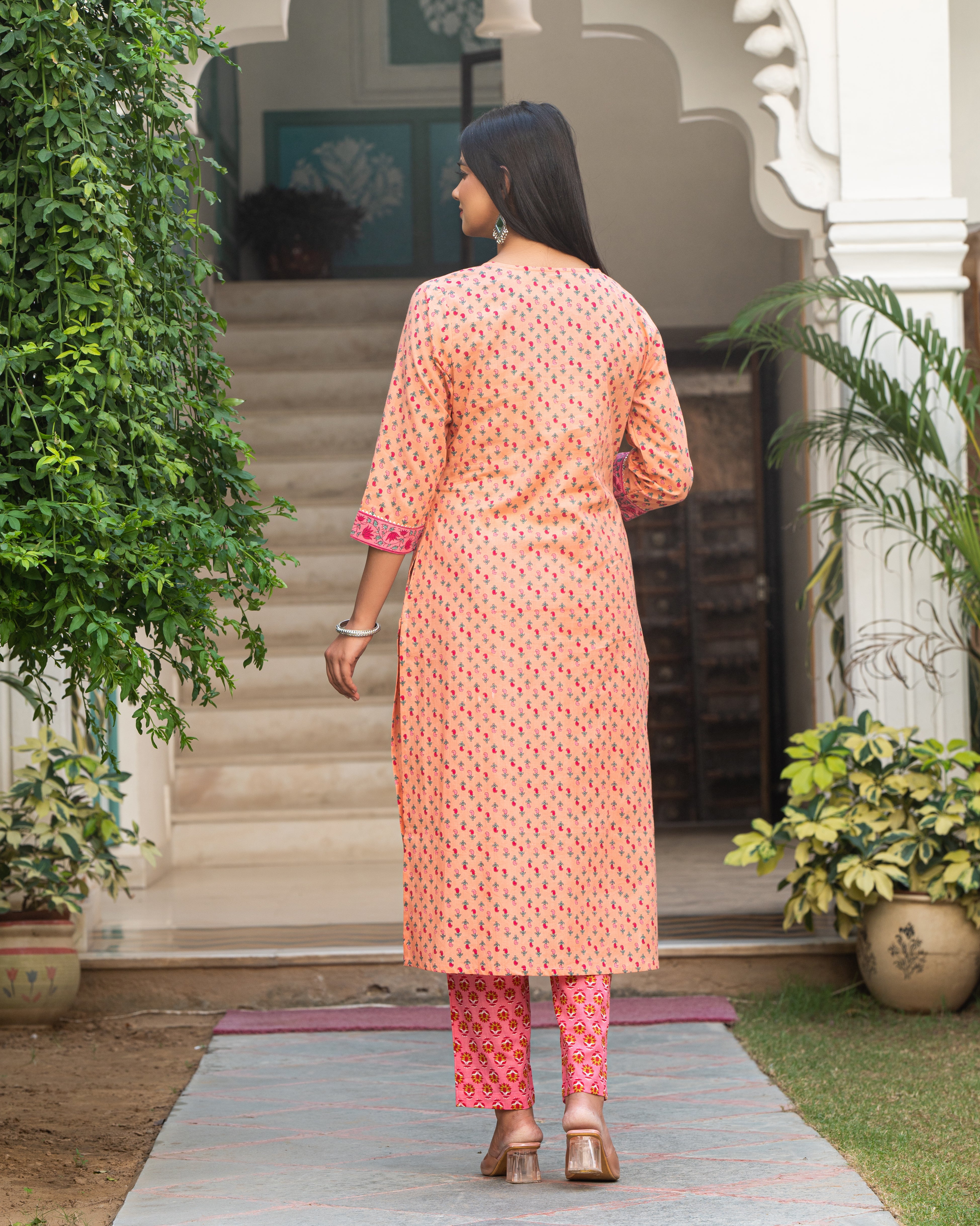 Cotton Women Orange  Printed Kurta