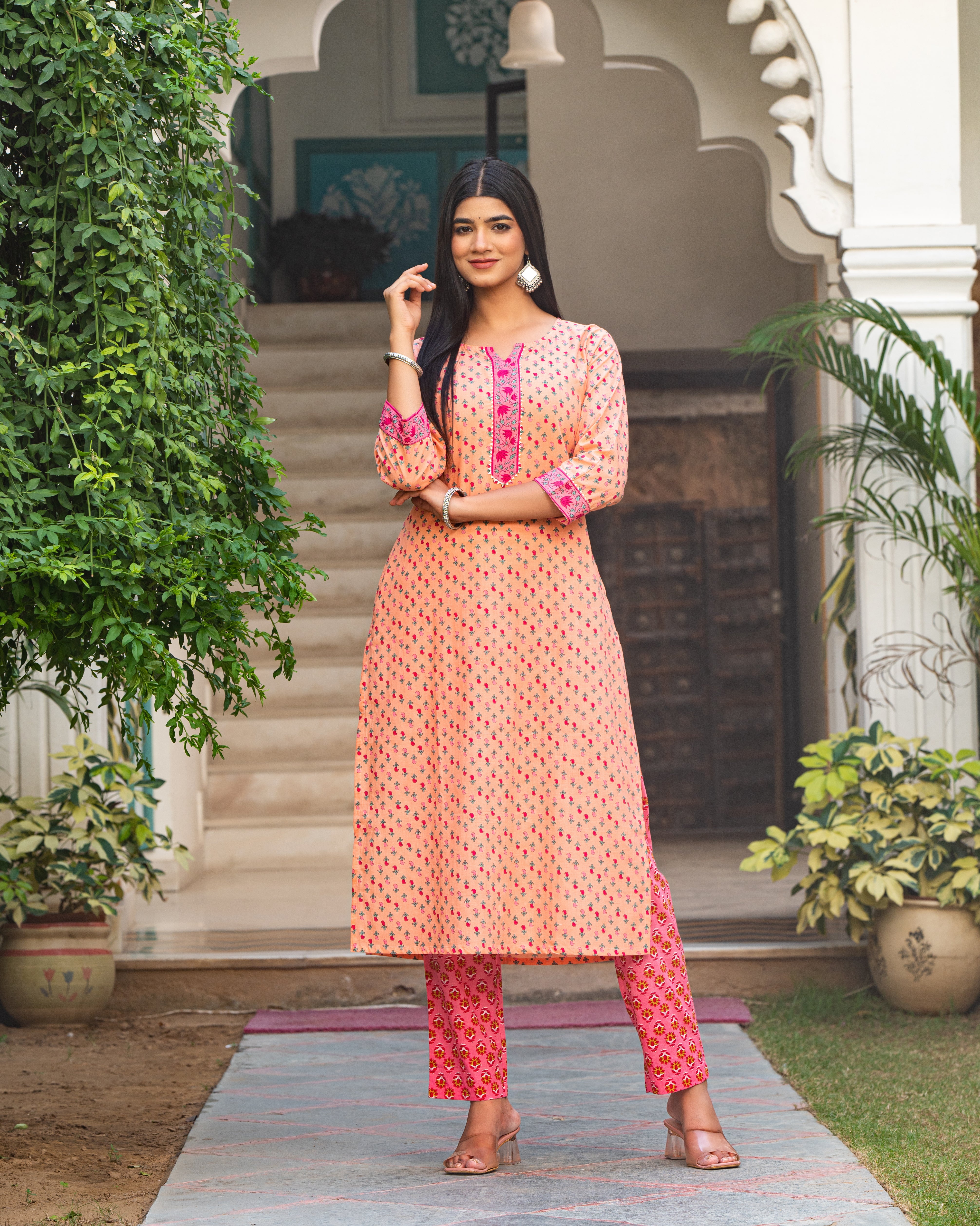 Cotton Women Orange  Printed Kurta