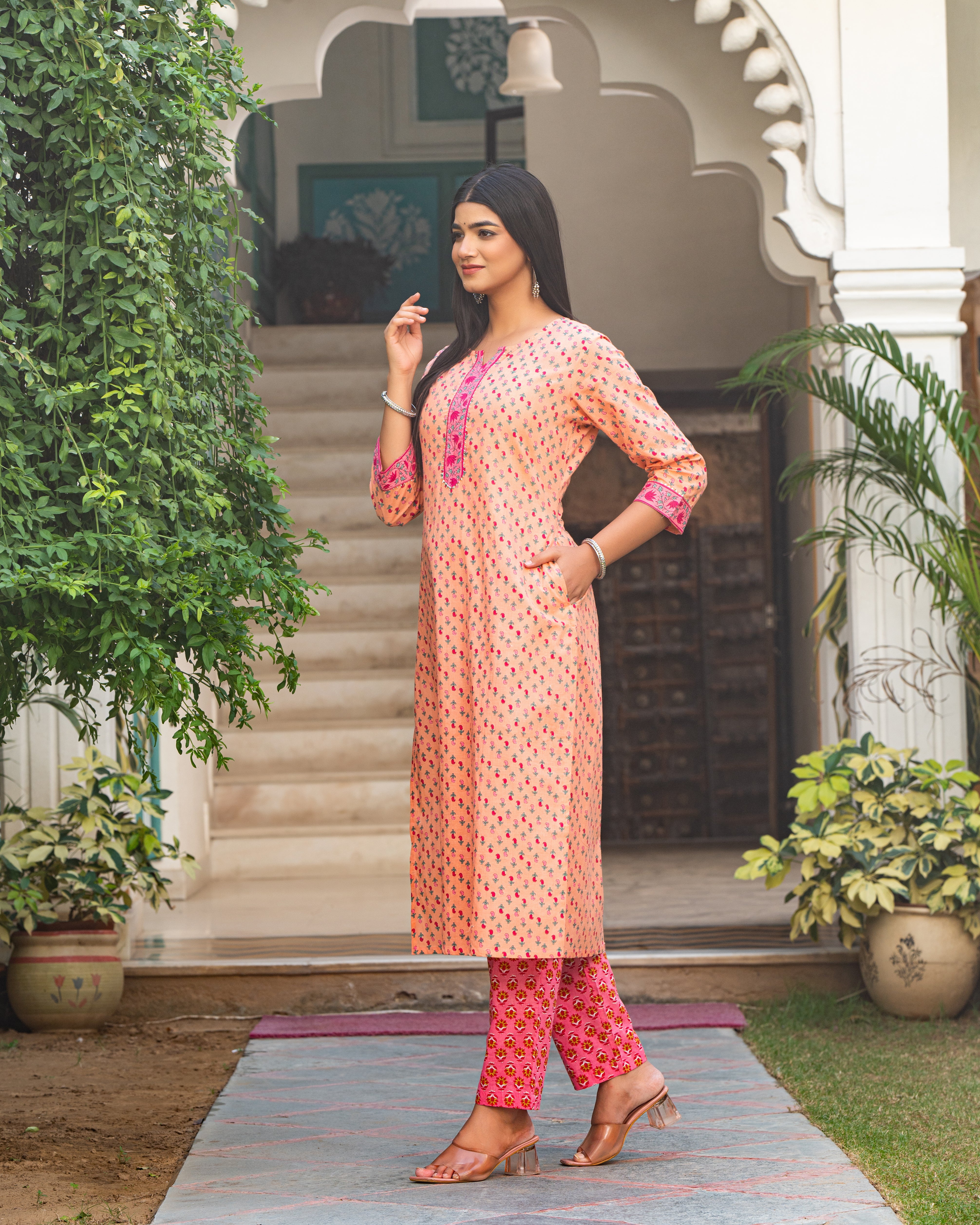 Cotton Women Orange  Printed Kurta