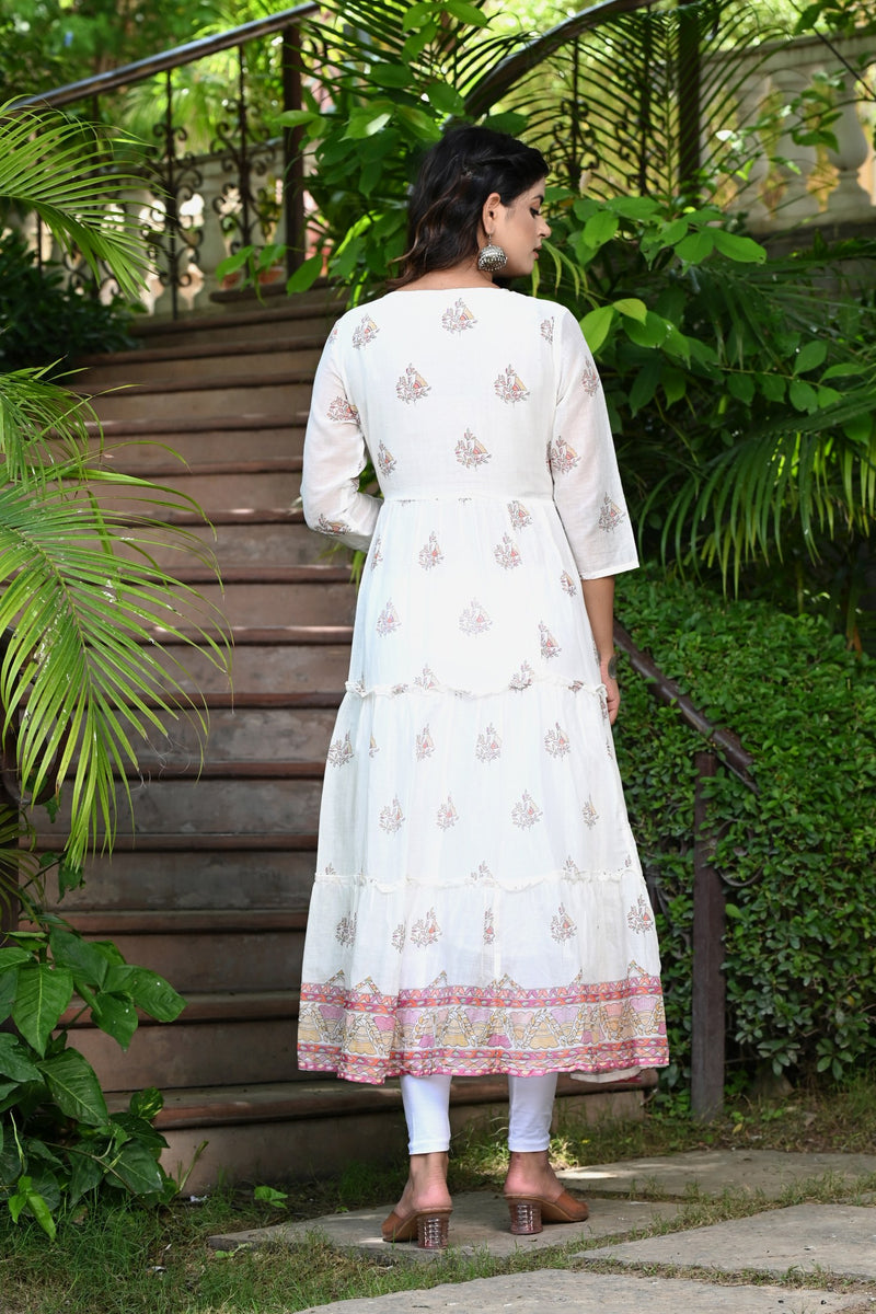 White Frock Kurti With Pink Motifs 3