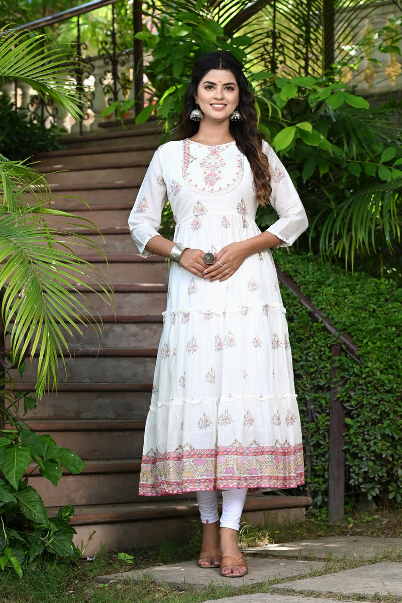 White Frock Kurti With Pink Motifs