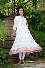 White Frock Kurti With Pink Motifs 