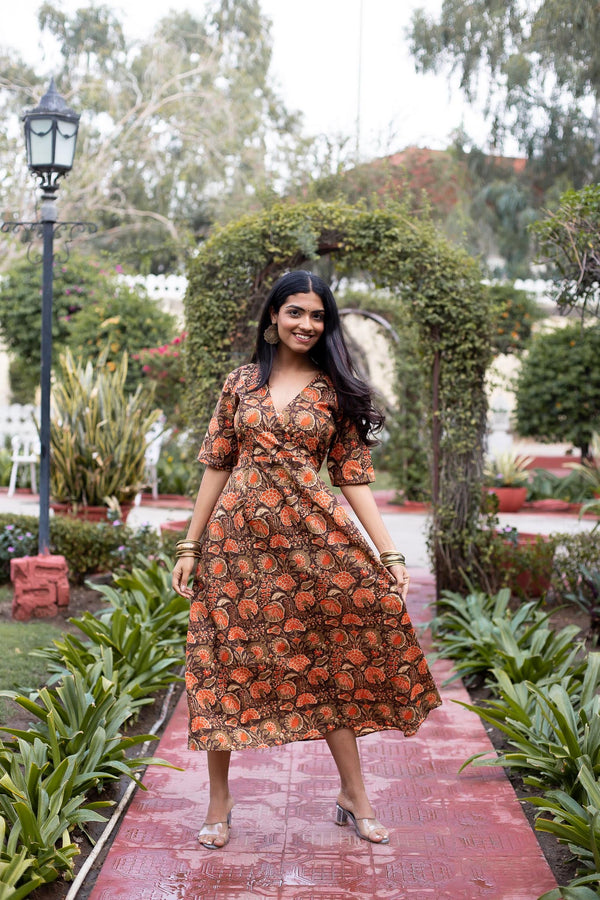 Black Angrakha Kurti With Orange Floral Print