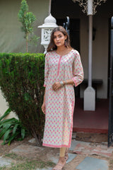 Cotton Straight Kurti - Bubblegum Pink Floral Motif 1