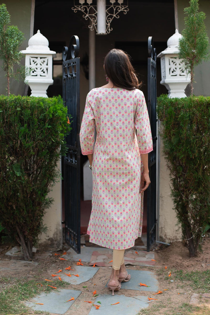 Cotton Straight Kurti - Bubblegum Pink Floral Motif 2