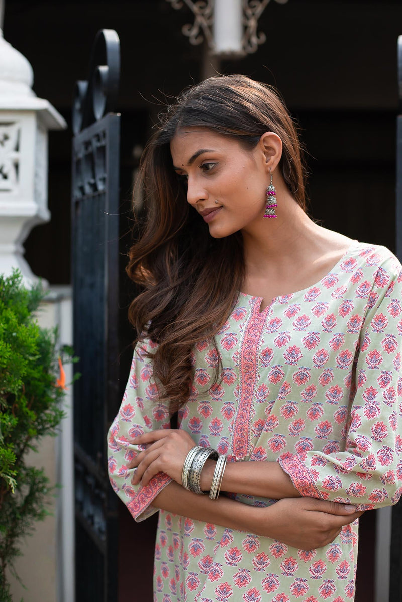 Cotton Straight Kurti - Bubblegum Pink Floral Motif
