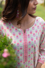 Cotton Straight Kurti - Bubblegum Pink Floral Motif 3