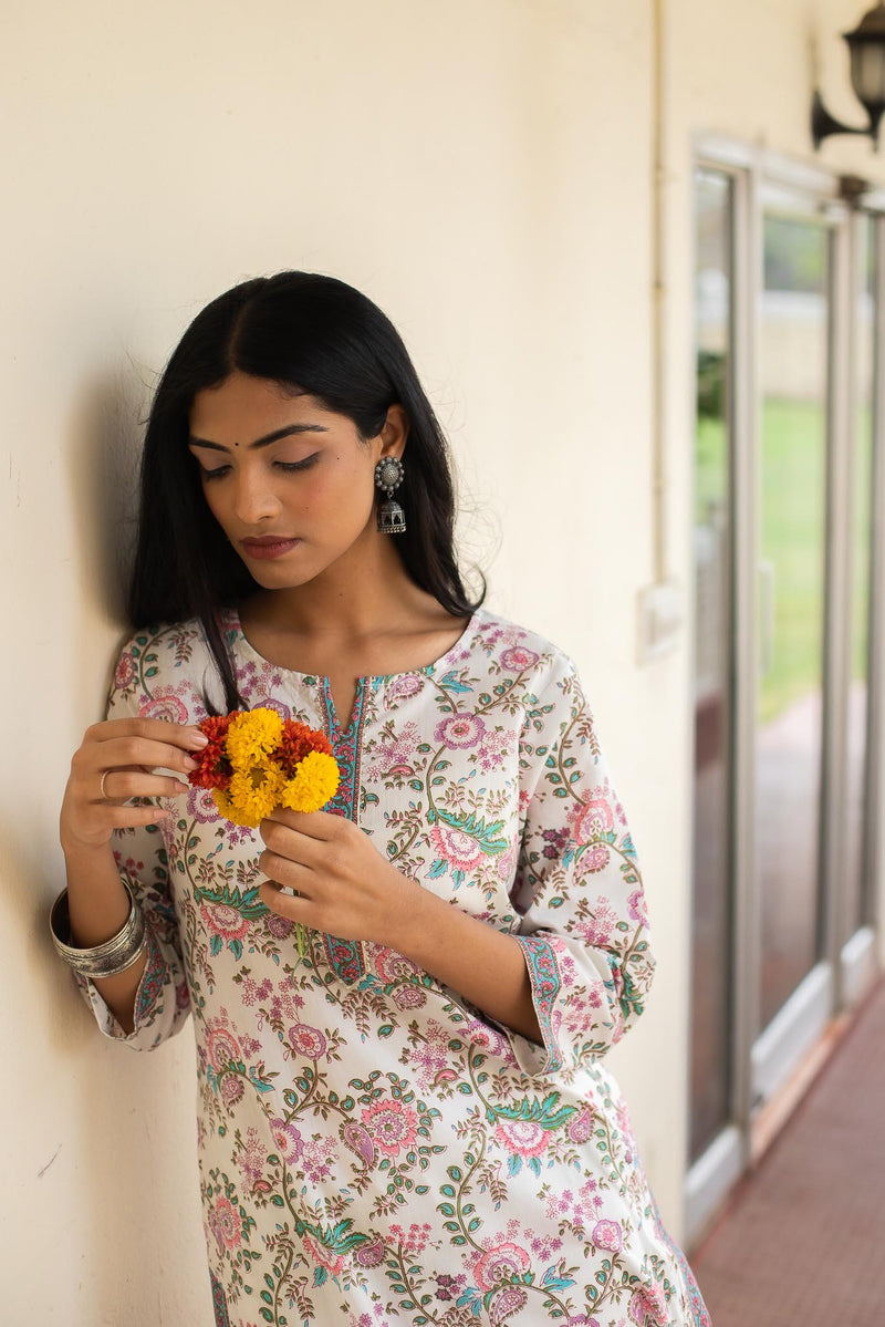 Cotton Straight Kurti - Purple Floral Jaal 4