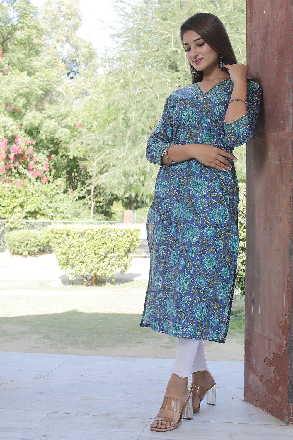 Cotton Straight Kurti - Olive Green Floral Motif