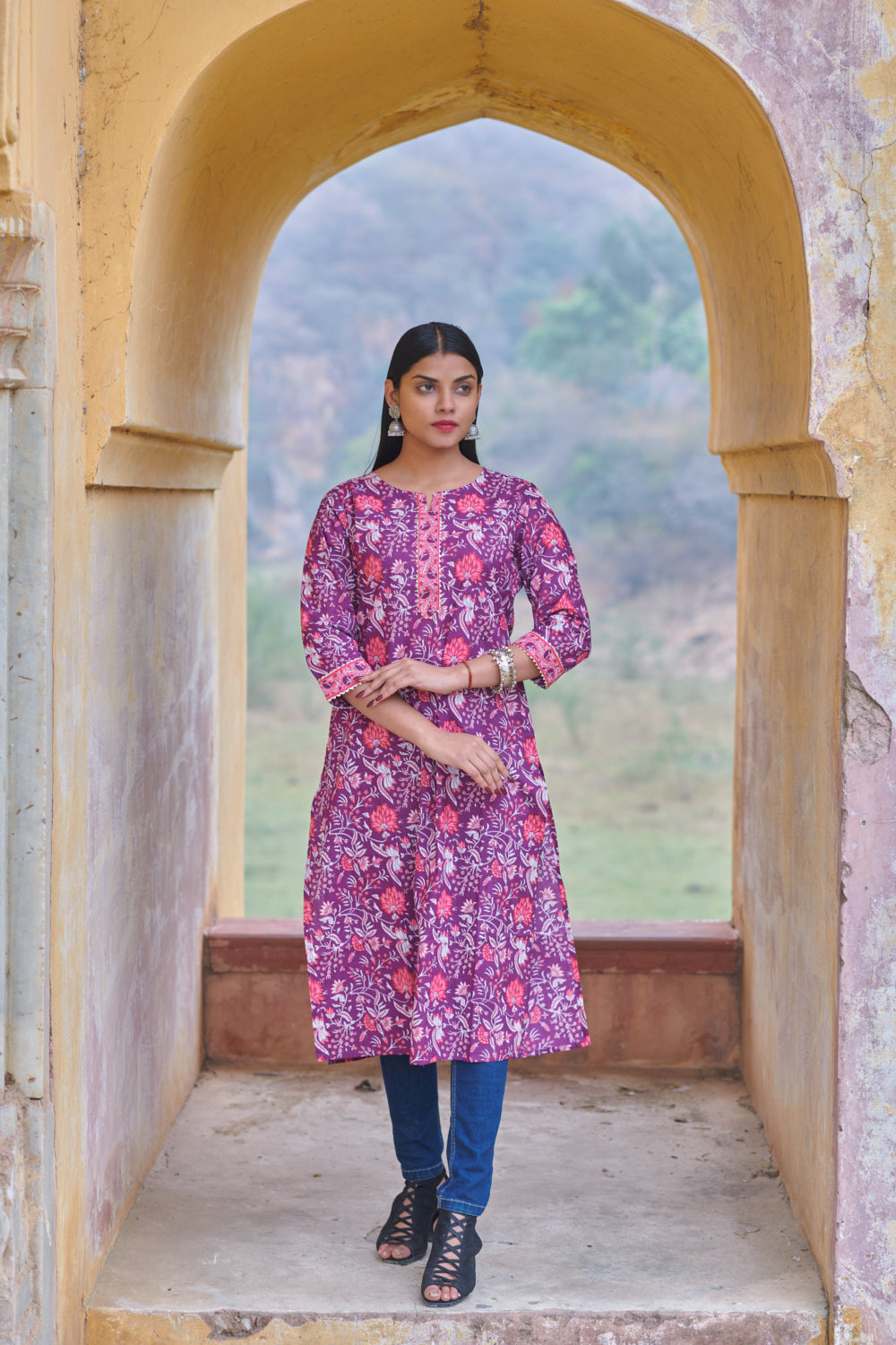 Cotton Purple Floral Printed Kurta