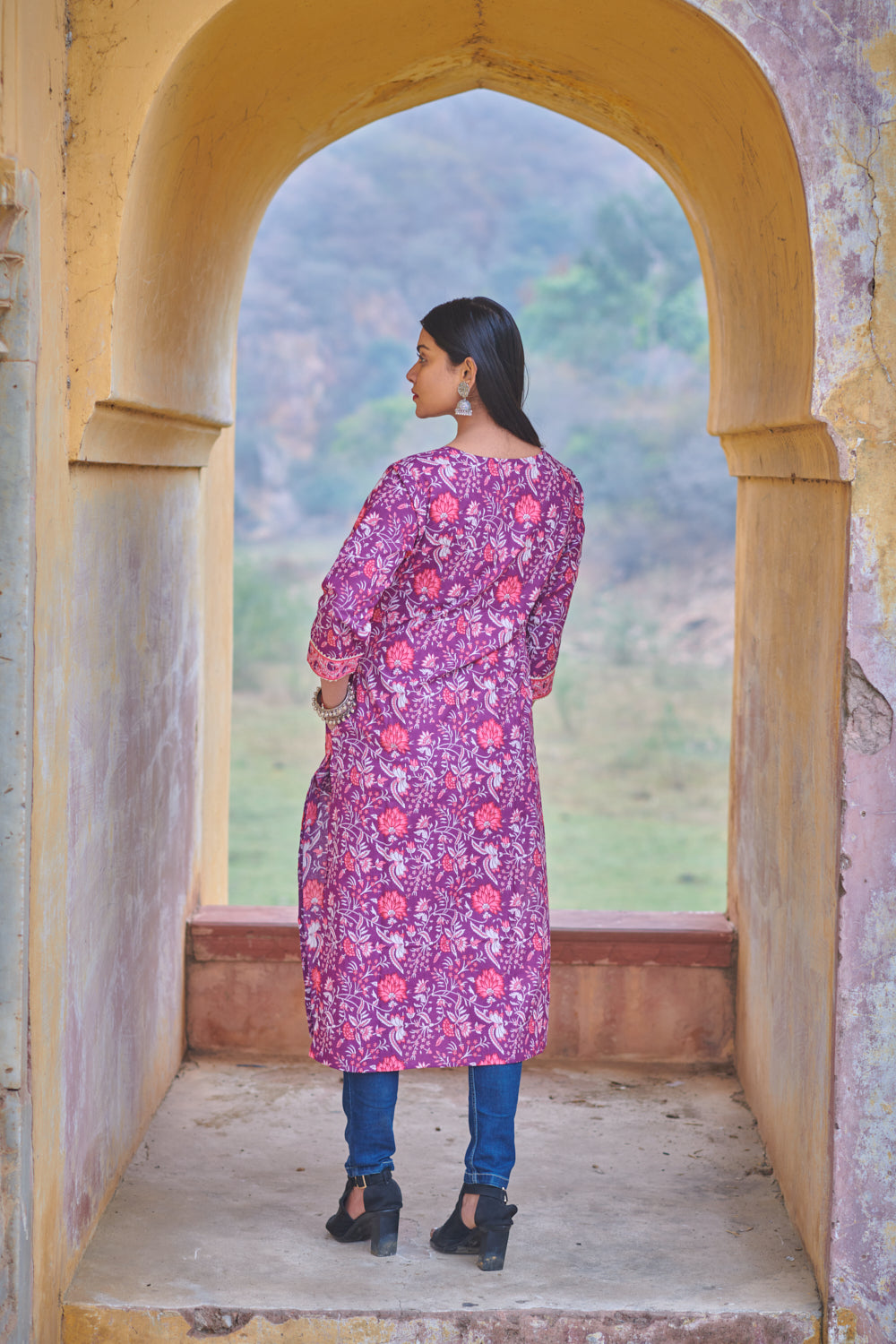 Cotton Purple Floral Printed Kurta