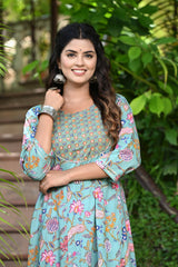 Arctic Blue Anarkali Kurti Multi Color Floral Jaal