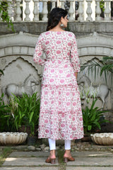 White Flared Kurti With Pink Floral Jaal 4