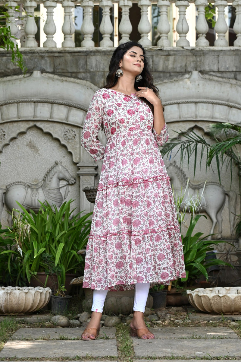 White Flared Kurti With Pink Floral Jaal 2