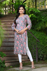 Grey Straight Kurti With Pink Floral Jaal 2