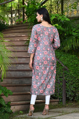 Grey Straight Kurti With Pink Floral Jaal 3
