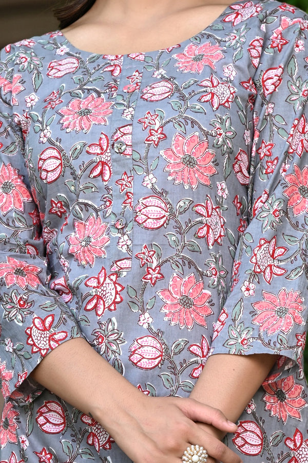 Grey Straight Kurti With Pink Floral Jaal 1