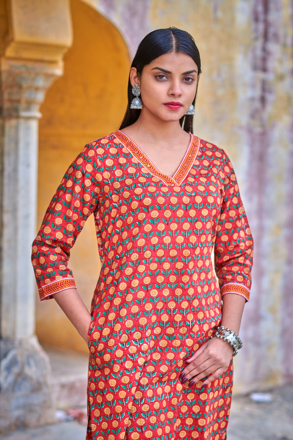 Playful Red Block Print Long Straight Kurti