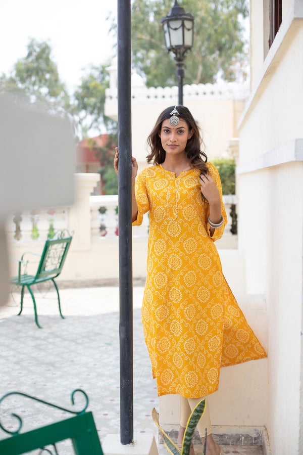 Sunny Yellow Bandhej Cotton Kurti by Tthappa Chapai 1