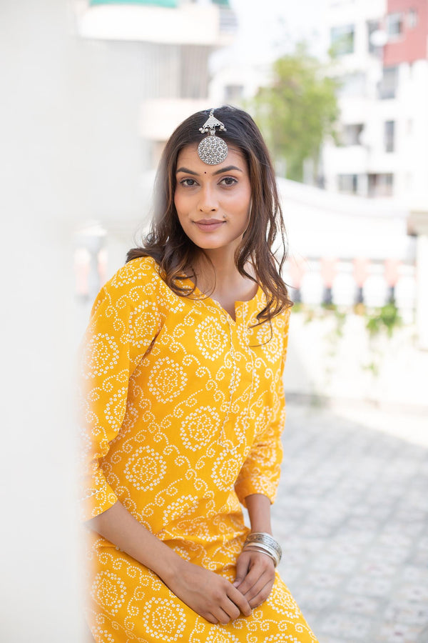 Sunny Yellow Bandhej Cotton Kurti by Tthappa Chapai