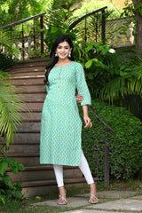 Aqua Green Straight Kurti With Yellow Booti