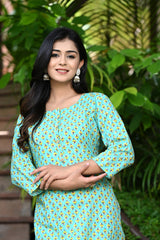 Aqua Green Straight Kurti With Yellow Booti 1