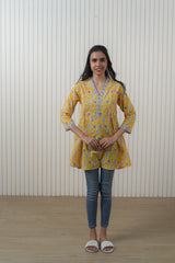 Madhuvan Yellow booti Cotton Short Kurti