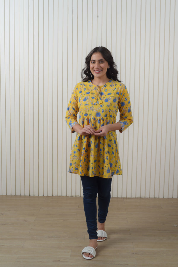 Madhuvan Yellow booti Cotton Short Kurti
