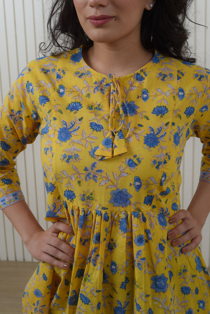 Madhuvan Yellow booti Cotton Short Kurti