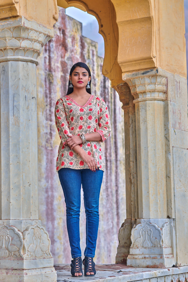 cotton pink and red floral printed kurta