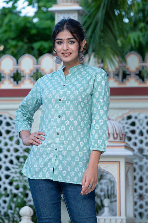 Sky Blue Short Kurti With White Leaf Buti