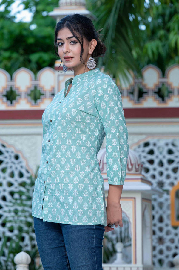 Sky Blue Short Kurti With White Leaf Buti 1