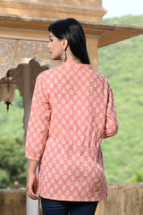 Peach Short Kurti With White Leaf Buti 3