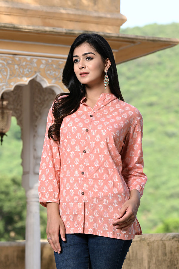 Peach Short Kurti With White Leaf Buti