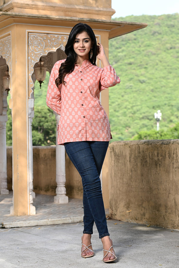 Peach Short Kurti With White Leaf Buti 1