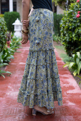 Sage Color Flared Cotton Plazzo With Blue Floral Print 1