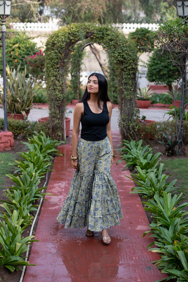 Sage Color Flared Cotton Plazzo With Blue Floral Print