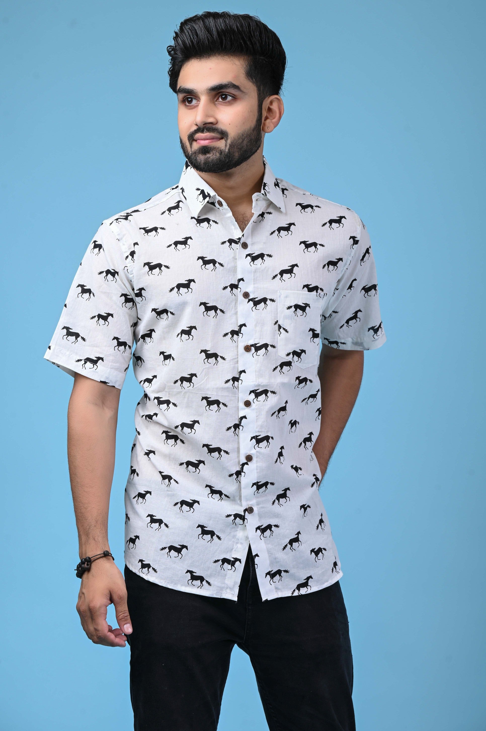 White Men's Shirt with Black Horse Print - Regular Fit