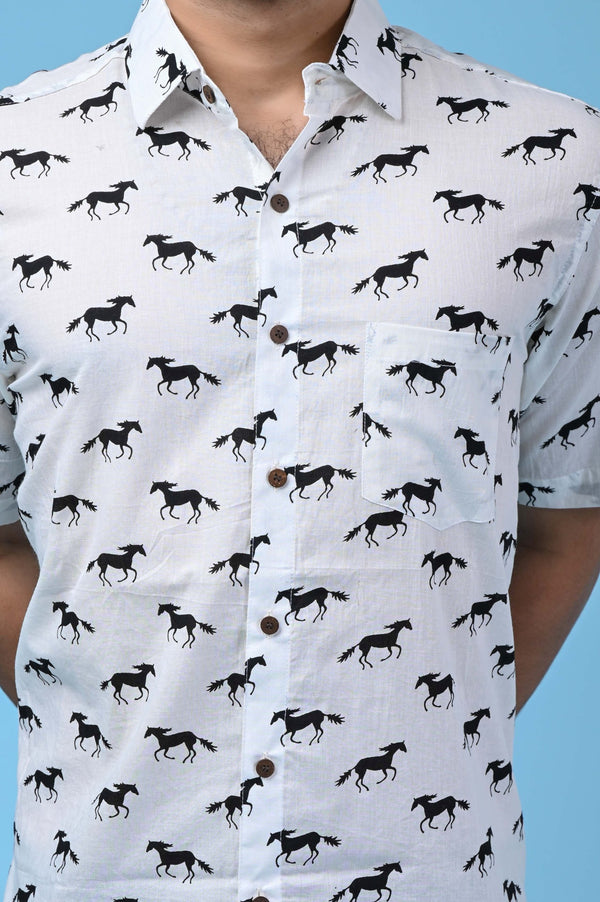 White Men's Shirt with Black Horse Print - Regular Fit