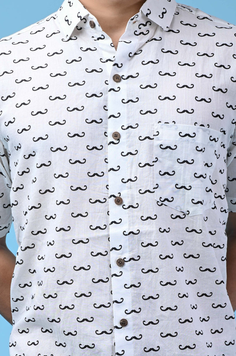 White Men's Shirt with Black Moustache Print - Regular Fit
