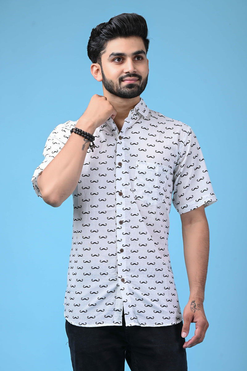 White Men's Shirt with Black Moustache Print - Regular Fit
