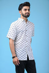 White Men's Shirt with Black Moustache Print - Regular Fit