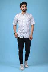 White Men's Shirt with Black-Red Anchor Print - Regular Fit