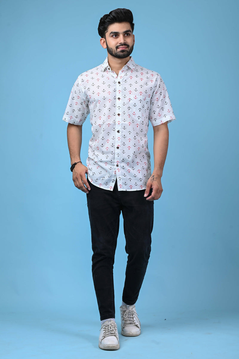 White Men's Shirt with Black-Red Anchor Print - Regular Fit