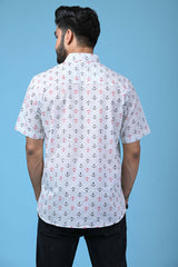 White Men's Shirt with Black-Red Anchor Print - Regular Fit